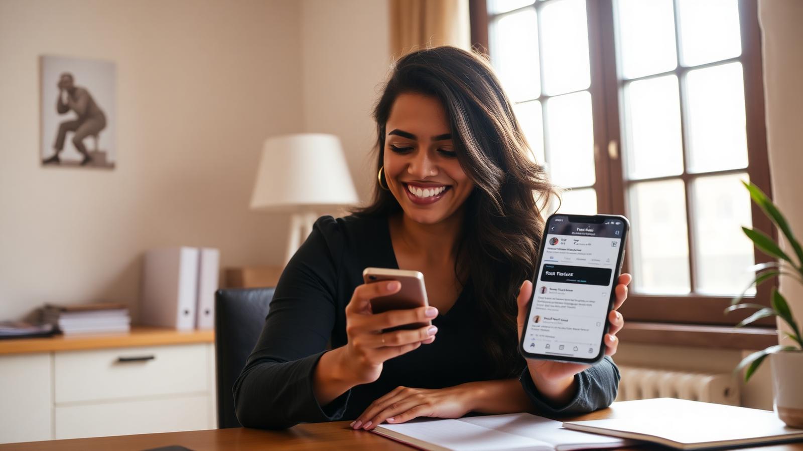 Empreendedora sorrindo ao ver conta restaurada