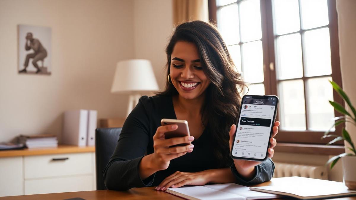 Empreendedora sorrindo ao ver conta restaurada