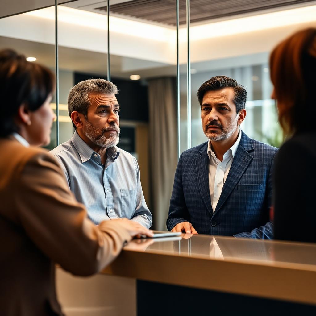 Cliente preocupado conversando com gerente em agência bancária moderna