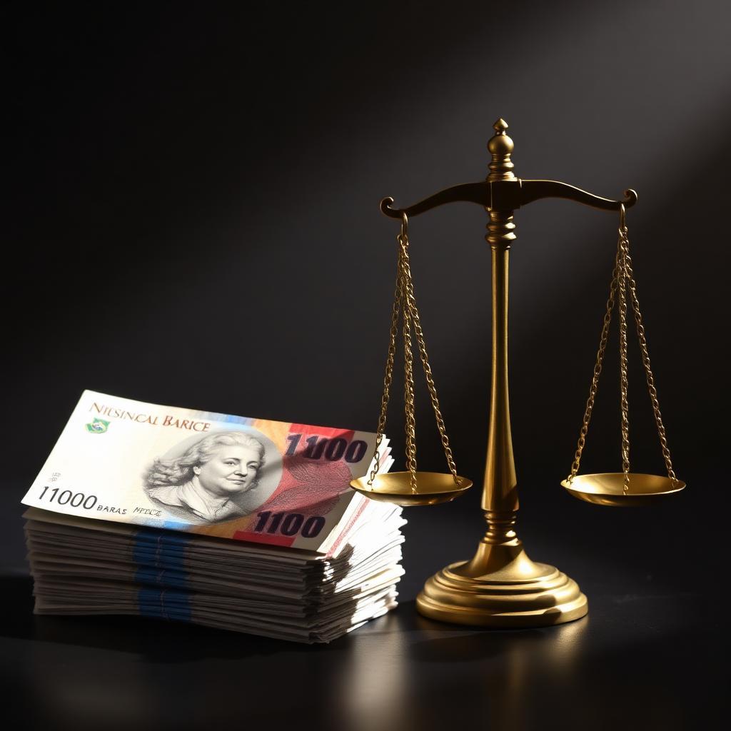 Balança da justiça dourada ao lado de notas de Real brasileiro