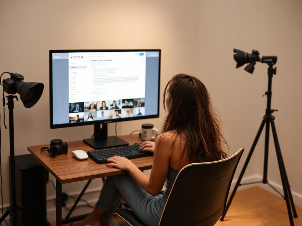 Fotógrafo brasileiro em estúdio editando fotos em monitor grande, olhando devastado para e-mail de suspensão da VSCO