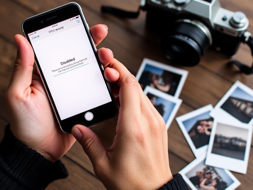 Smartphone em mãos criativas mostrando mensagem de conta desabilitada na VSCO, com câmera vintage e polaroids sobre mesa de madeira
