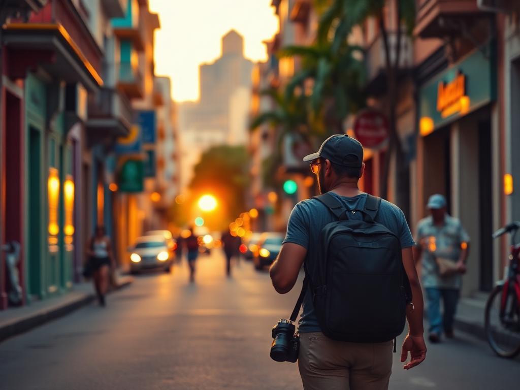 Fotógrafo brasileiro caminhando por rua colorida ao pôr do sol com câmera na mão, capturando vida urbana