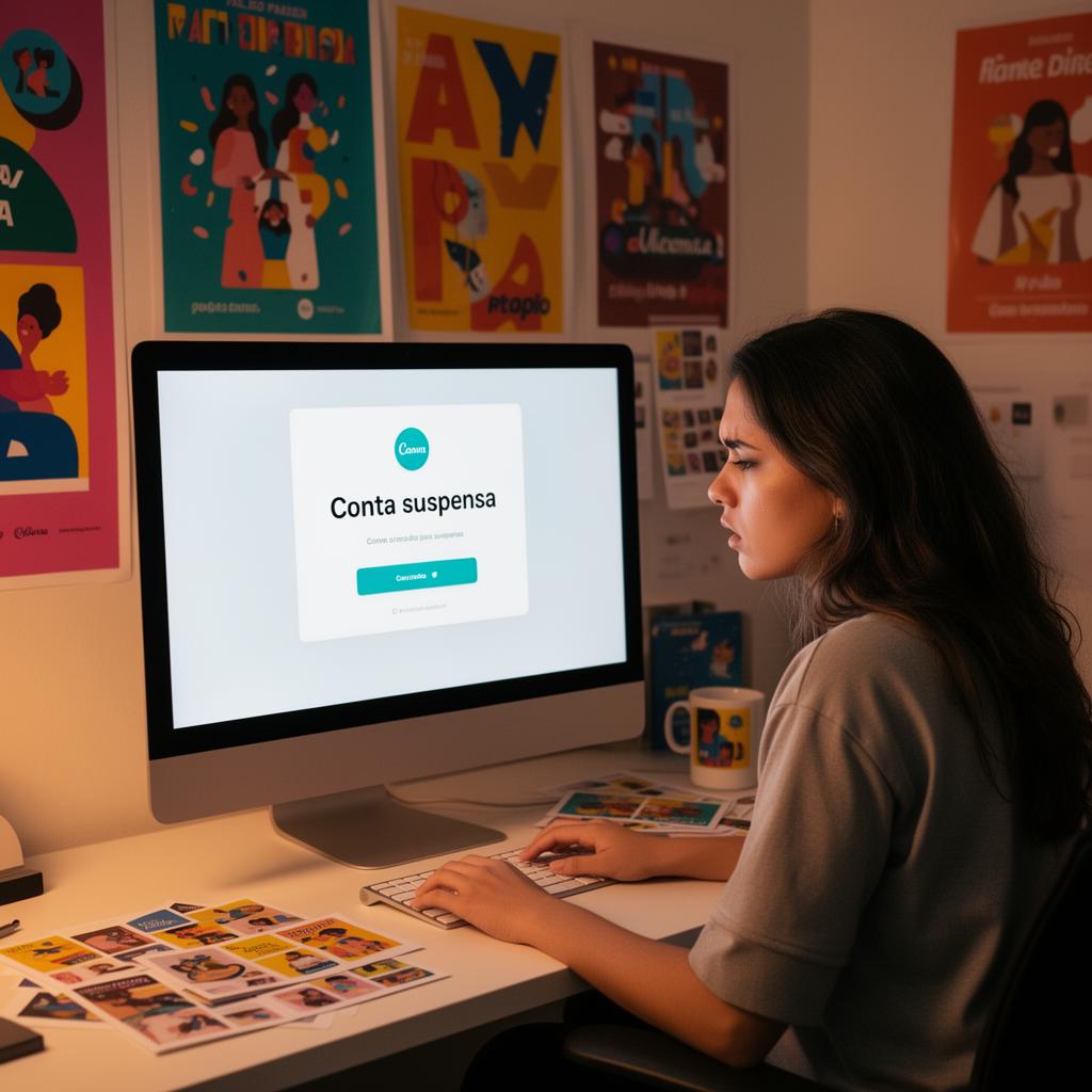 Designer gráfica brasileira em workspace moderno, olhando devastada para tela de computador mostrando mensagem de suspensão da Canva