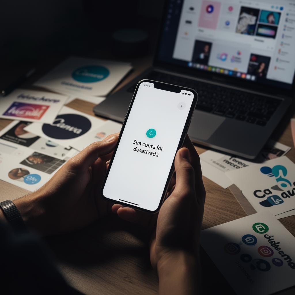 Smartphone em mãos criativas mostrando mensagem de conta desabilitada na Canva, com materiais de design impressos sobre mesa de madeira