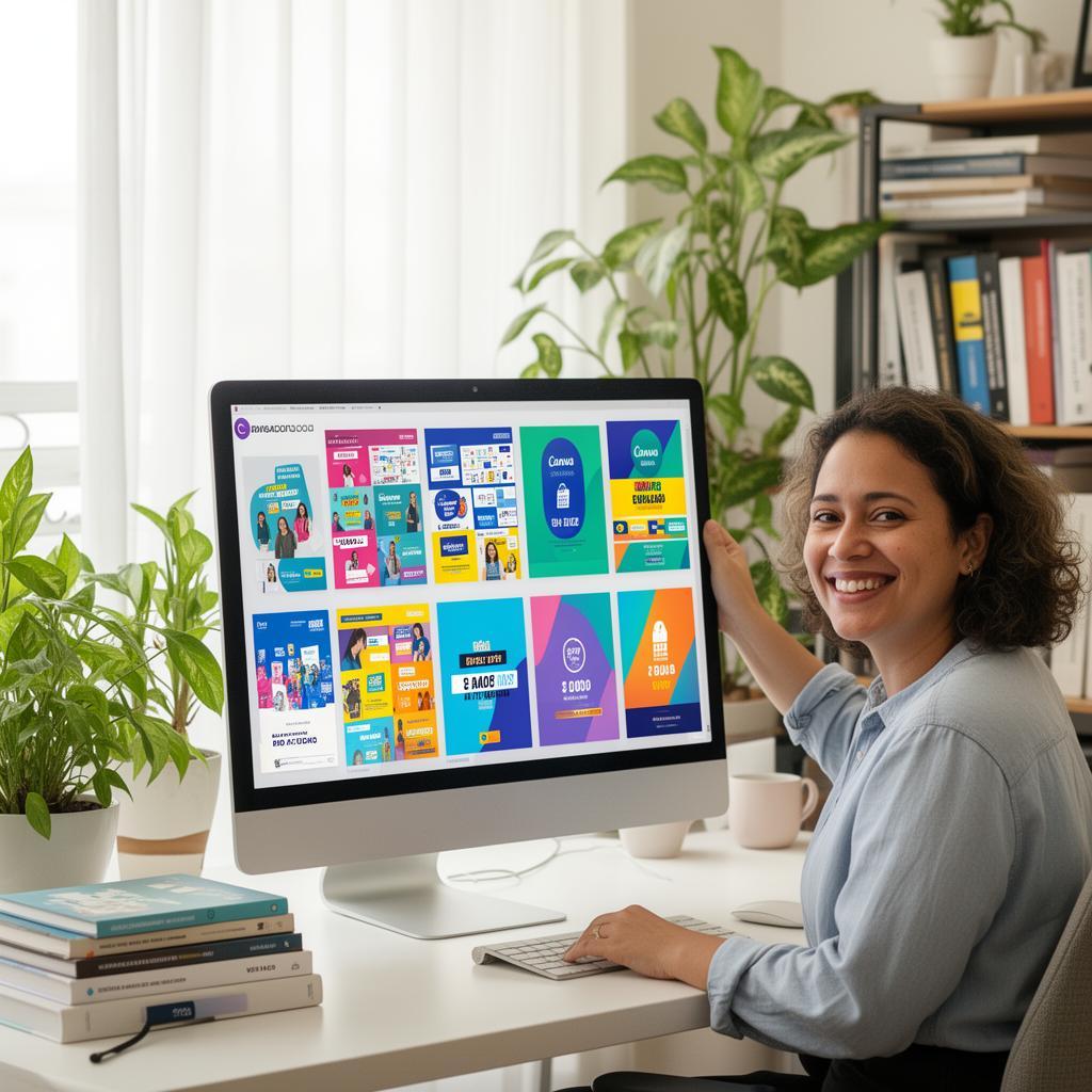 Pequena empresária brasileira orgulhosamente mostrando designs restaurados em monitor grande em escritório organizado com plantas e livros de design