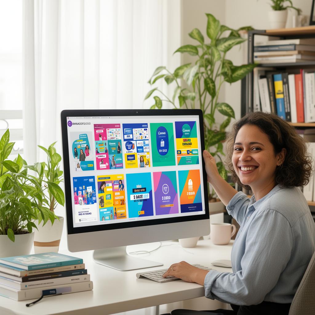 Pequena empresária brasileira orgulhosamente mostrando designs restaurados em monitor grande em escritório organizado com plantas e livros de design
