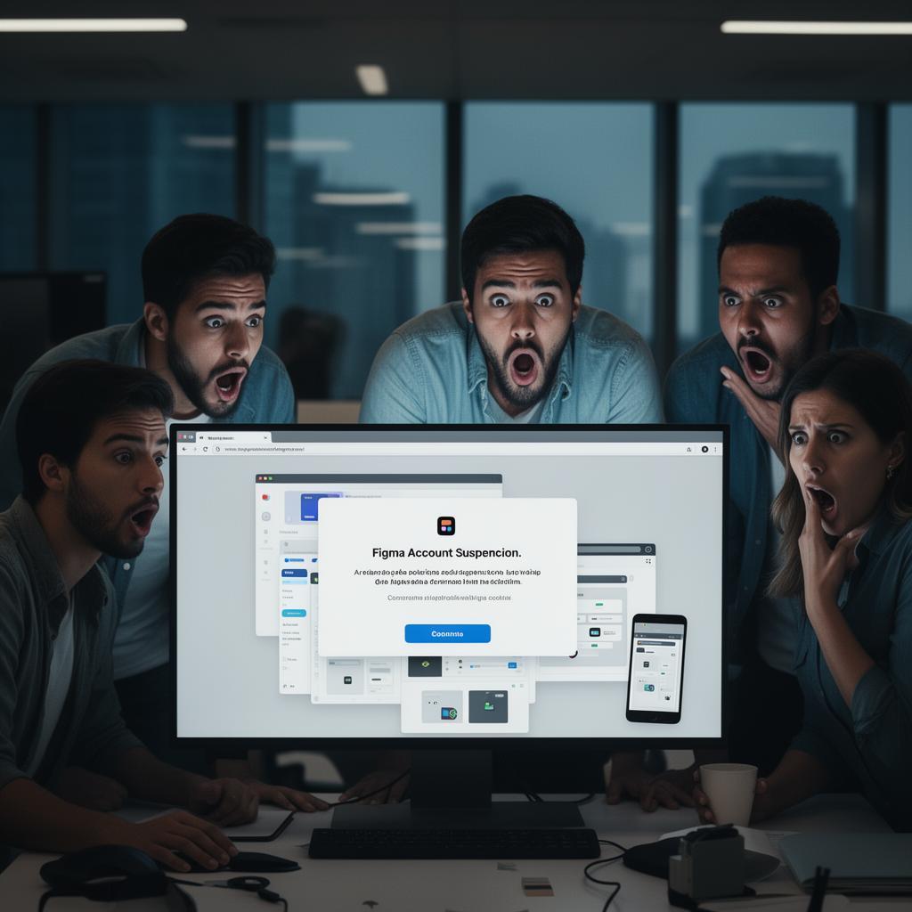 Time de designers de UX brasileiros em escritório moderno, chocados diante de monitor grande mostrando mensagem de suspensão da Figma