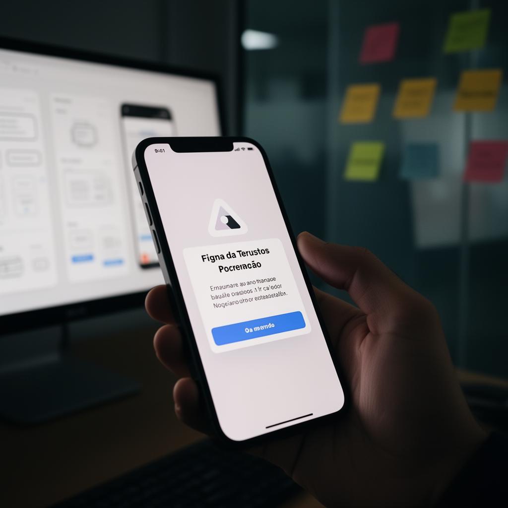 Smartphone mostrando notificação de conta desabilitada na Figma, segurado por mão de designer com post-its em parede de vidro ao fundo