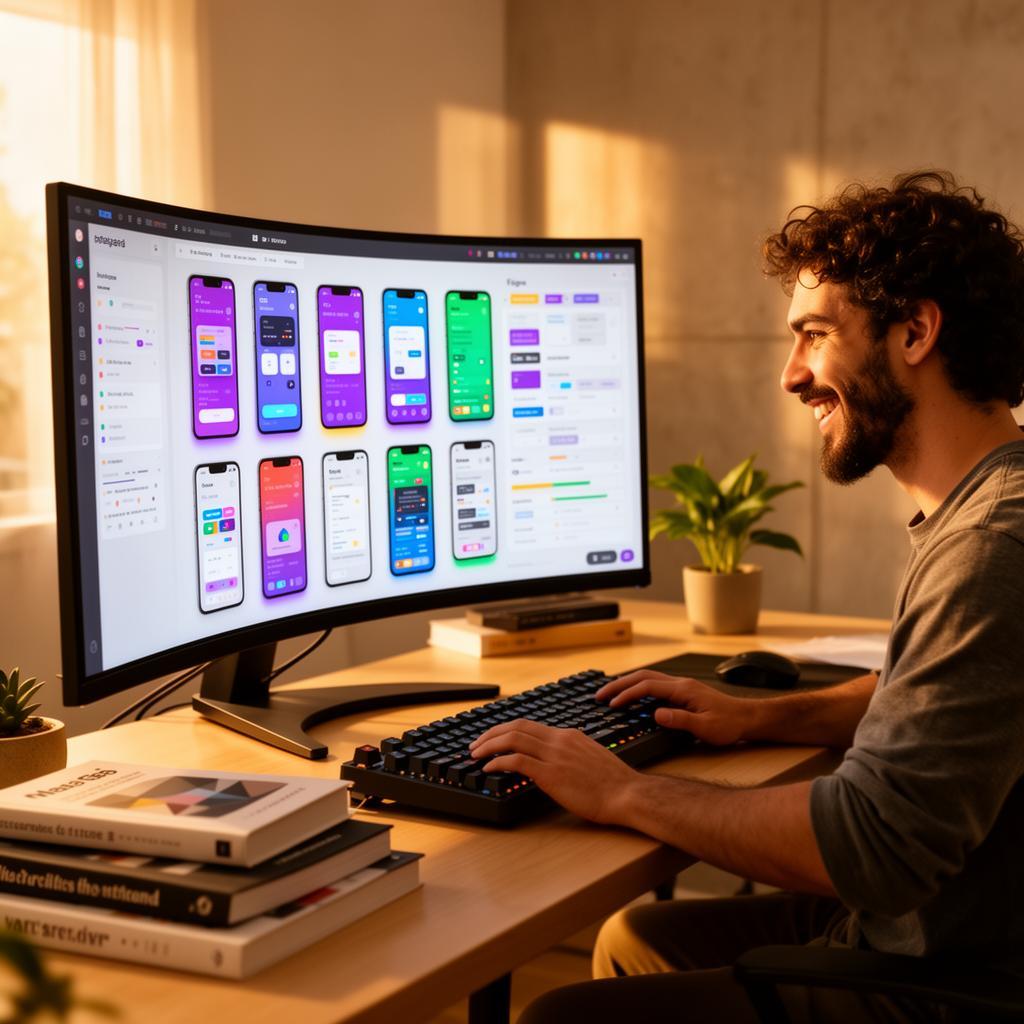 Designer de produto brasileiro feliz trabalhando em protótipos restaurados em monitor curvo grande em workspace moderno com teclado mecânico e planta