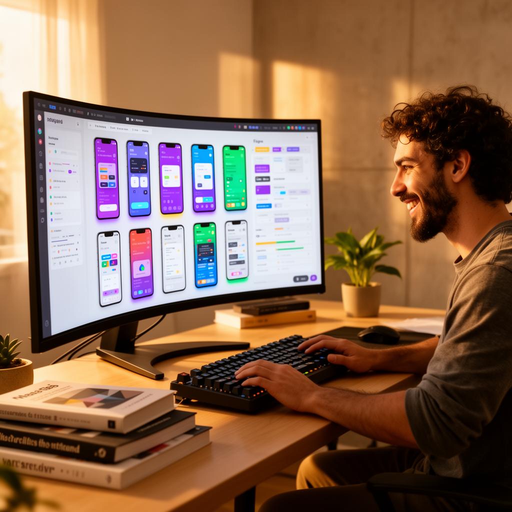 Designer de produto brasileiro feliz trabalhando em protótipos restaurados em monitor curvo grande em workspace moderno com teclado mecânico e planta