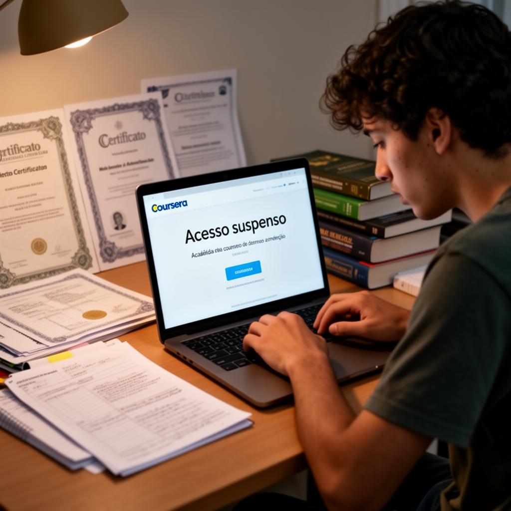 Estudante universitária brasileira devastada em escrivaninha olhando para laptop com mensagem de suspensão da Coursera em português