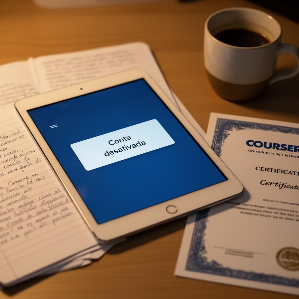Tablet mostrando notificação de conta desativada da Coursera em português, ao lado de anotações de estudo manuscritas e xícara de café