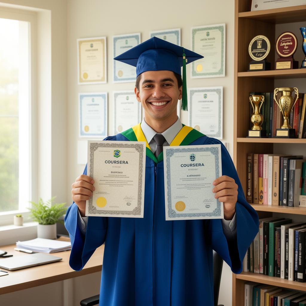 Jovem formanda brasileira sorridente exibindo certificados restaurados da Coursera em parede de home office com estantes e prêmios acadêmicos