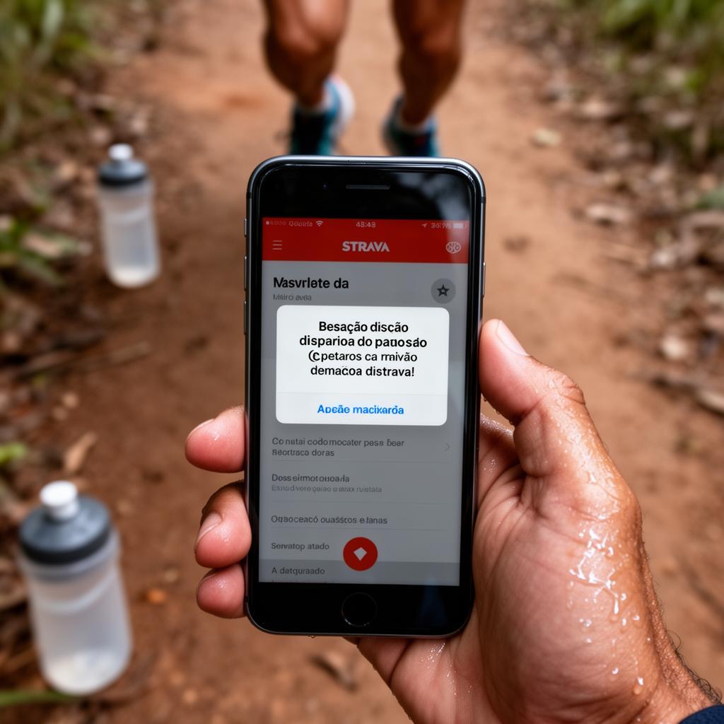 Close-up de smartphone segurado por mão suada de corredor mostrando notificação de conta desabilitada da Strava, com tênis de corrida em trilha ao fundo