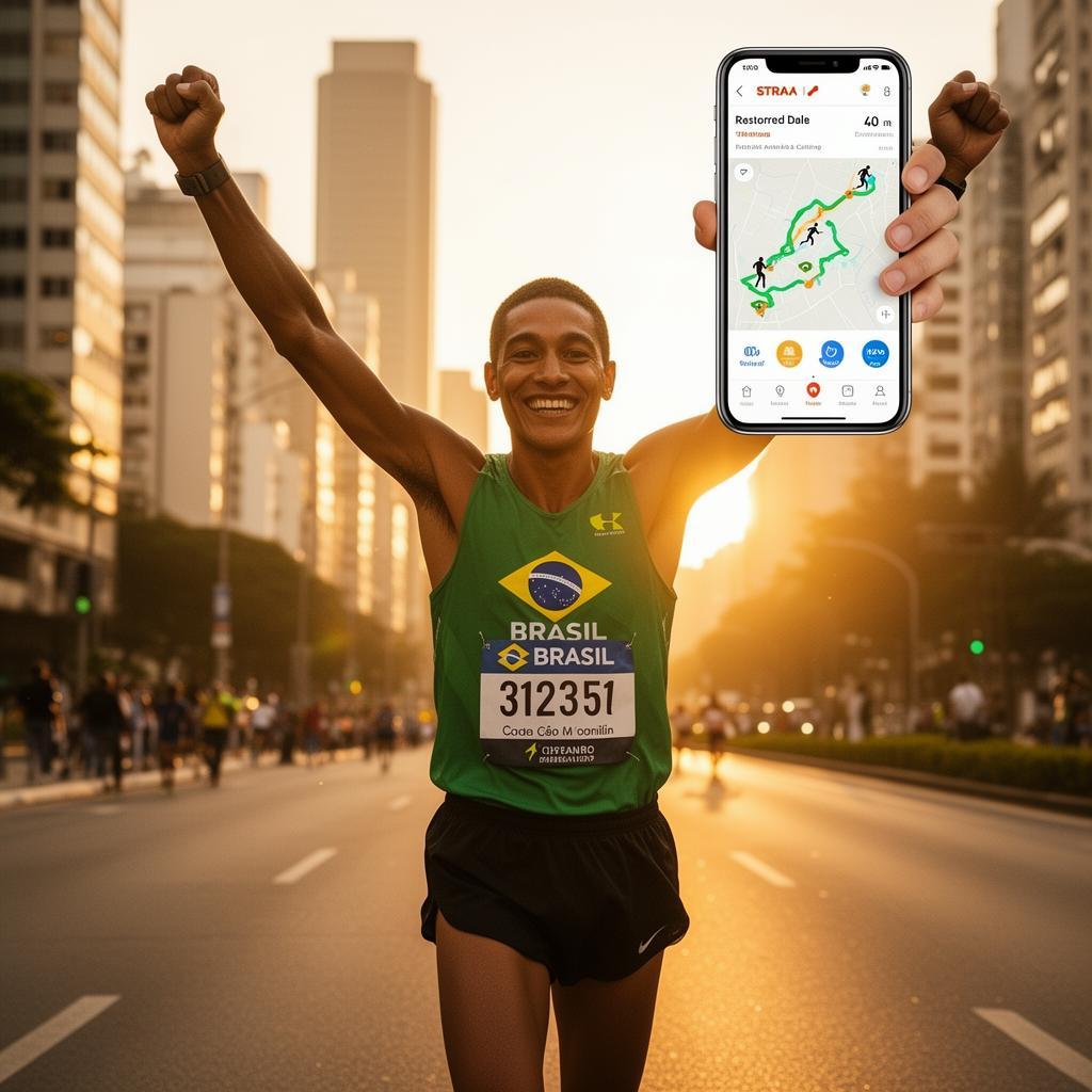 Maratonista brasileiro celebrando em rua da cidade ao entardecer, sorrindo enquanto verifica app Strava restaurado no smartphone mostrando rotas e conquistas