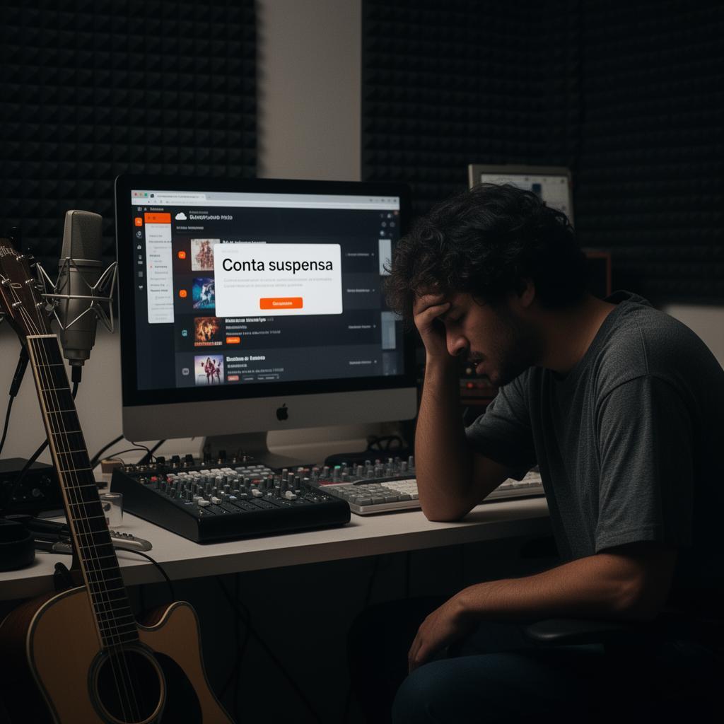 Músico independente brasileiro em home studio, devastado olhando para computador com mensagem de suspensão da SoundCloud em português