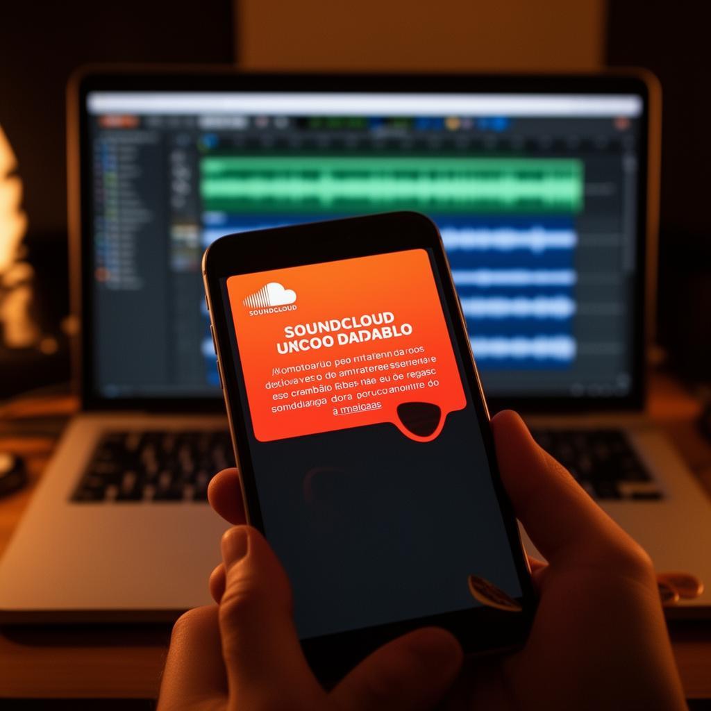 Smartphone mostrando notificação de conta desabilitada da SoundCloud em português, segurado por mão de músico com palheta de violão entre os dedos