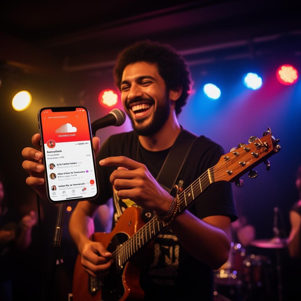 Músico brasileiro se apresentando energicamente em pequeno venue, sorrindo enquanto verifica perfil restaurado da SoundCloud no smartphone com luzes de palco coloridas ao fundo