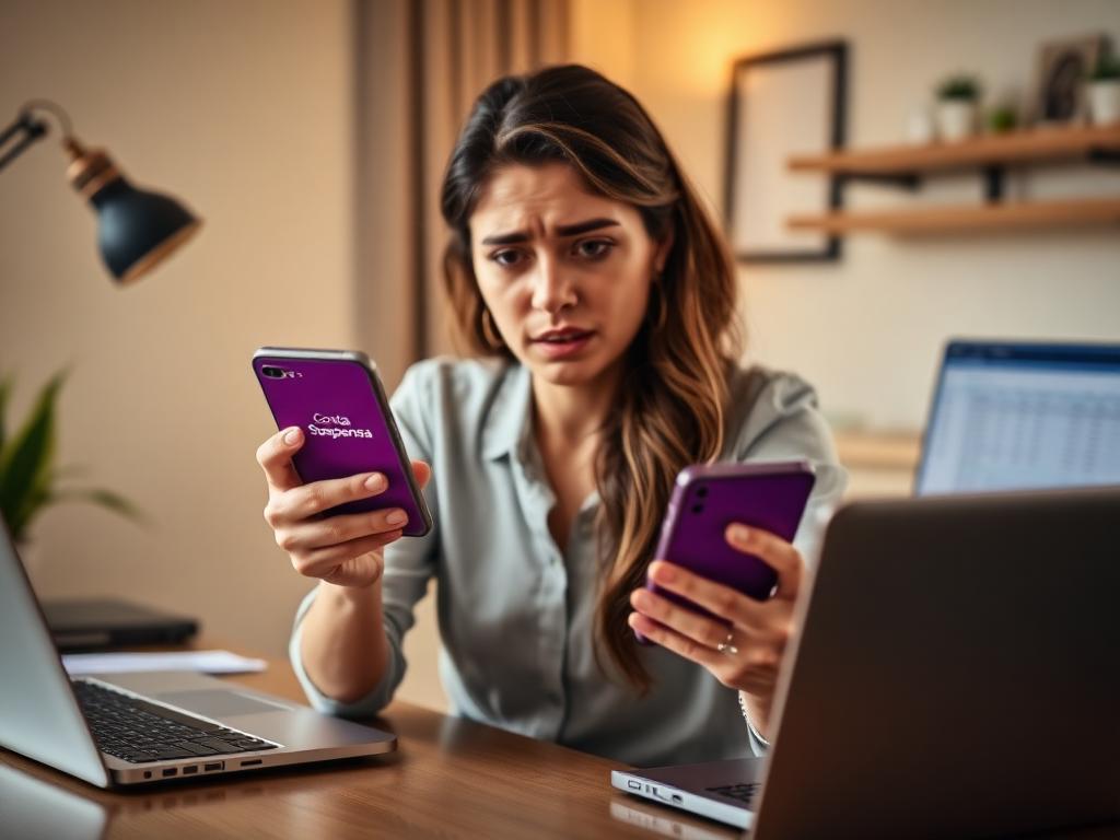 Mulher brasileira profissional em home office chocada olhando para smartphone com notificação de suspensão de conta bancária digital roxa