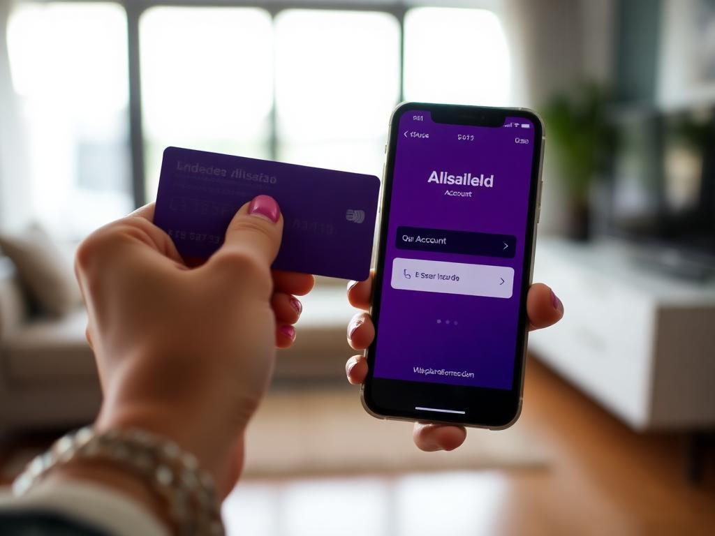 Mão segurando cartão roxo de banco digital ao lado de smartphone com tela de conta desabilitada em português