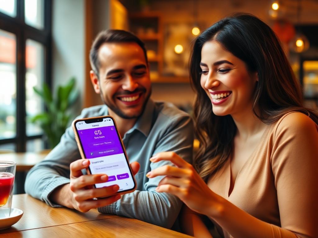 Casal brasileiro feliz em cafeteria mostrando app bancário restaurado no smartphone com alívio e sorrisos