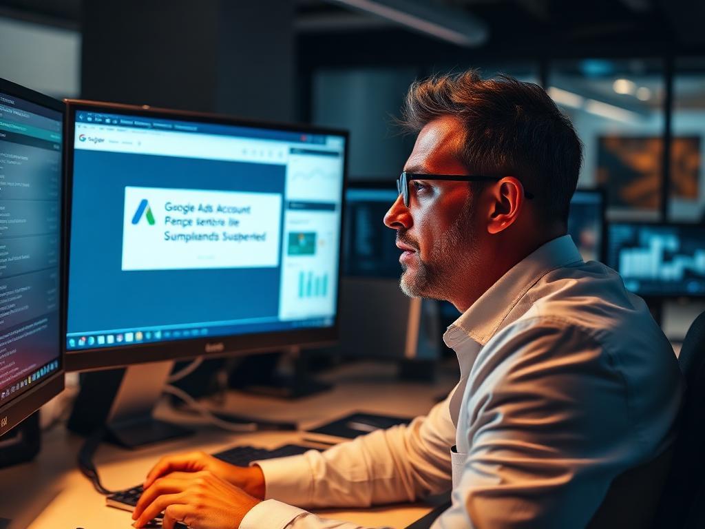 Profissional de marketing brasileiro em agência moderna olhando chocado para monitor com notificação de suspensão de conta Google Ads em português
