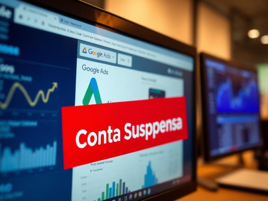 Tela de computador mostrando interface do Google Ads com banner vermelho de suspensão de conta em português e gráficos de campanha ao fundo