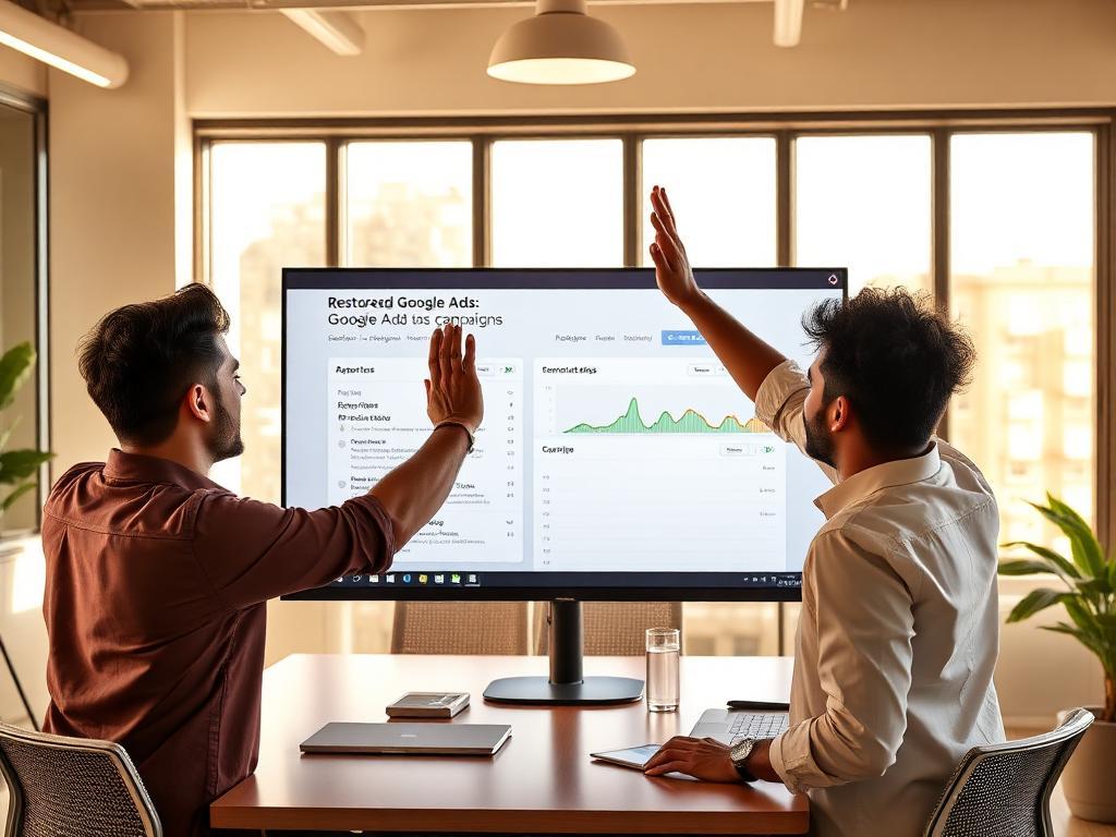Equipe de marketing brasileira comemorando em escritório moderno ao redor de monitor com campanhas Google Ads restauradas e métricas positivas
