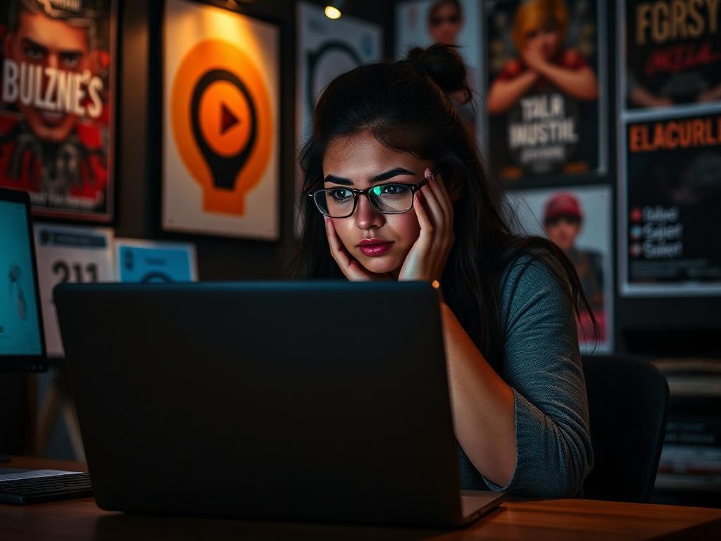Jovem designer brasileira em estúdio criativo devastada olhando para laptop com mensagem de suspensão da Behance em português