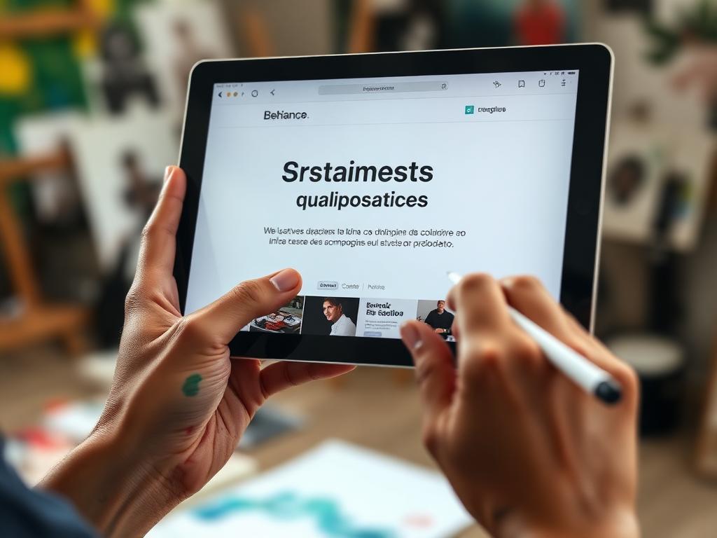 Tablet mostrando interface do Behance com notificação de conta desabilitada em português, segurado por mãos de designer com manchas de tinta e caneta digital
