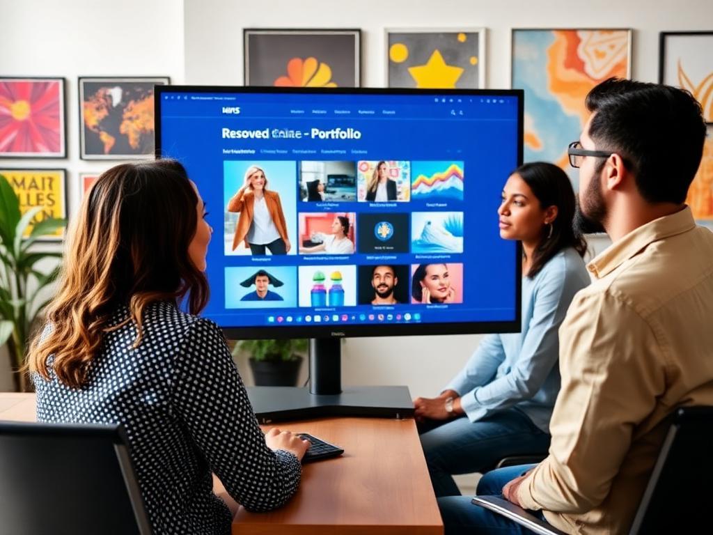 Designer brasileira apresentando orgulhosamente seu portfólio restaurado em monitor de estúdio para cliente impressionado em reunião profissional