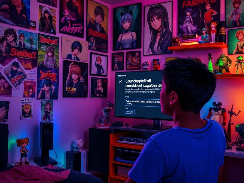 Jovem fã de anime brasileiro em quarto decorado com posters e action figures chocado e triste olhando para TV com mensagem de suspensão da Crunchyroll em português