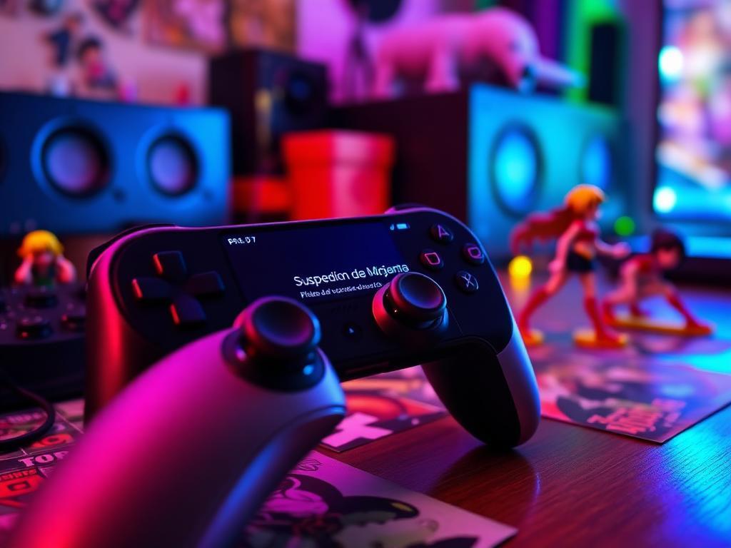 Close-up de controle de videogame e smartphone com notificação de suspensão de app de streaming em português sobre mesa com mangás e action figures