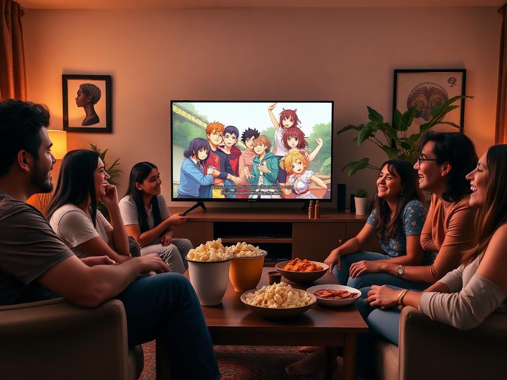 Grupo de amigos brasileiros em festa de assistir anime na sala aconchegante rindo e curtindo série restaurada na TV grande com legendas em português