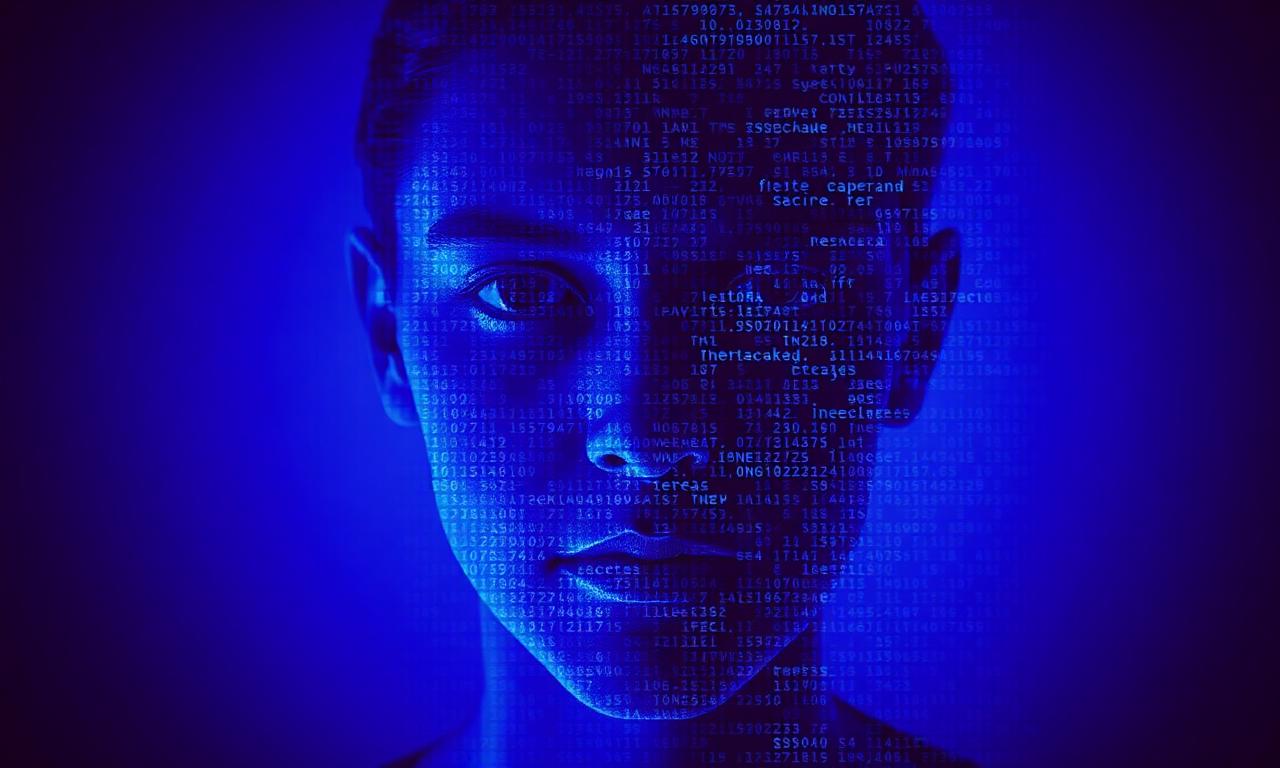 Rosto humano fragmentado em pixels e código
