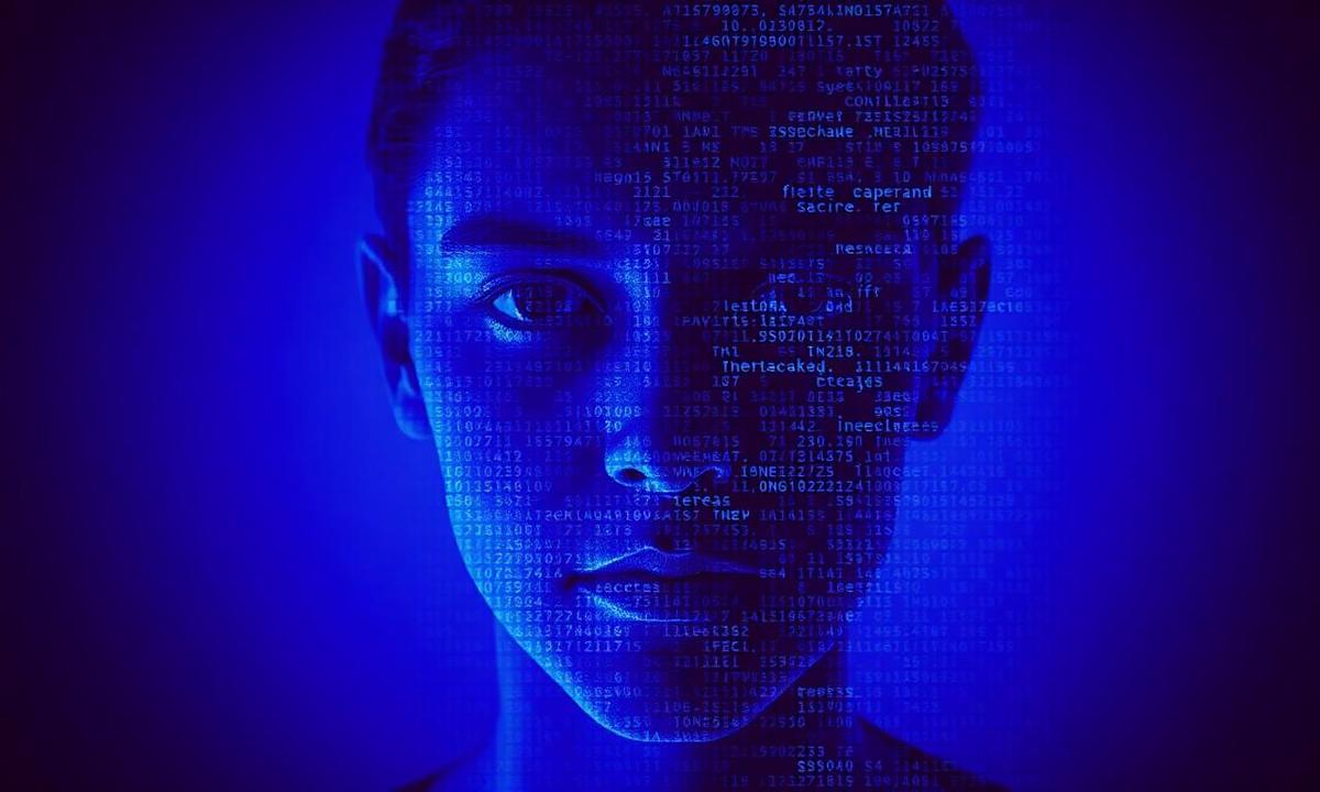 Rosto humano fragmentado em pixels e código