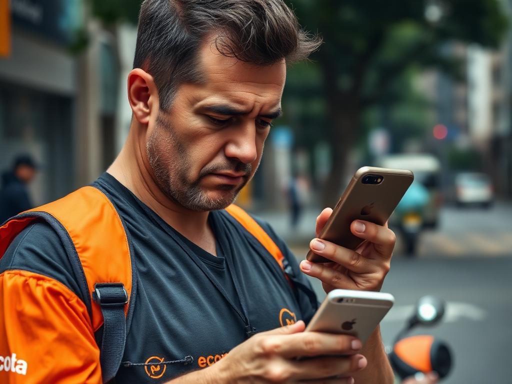 Entregador brasileiro de meia-idade com mochila de delivery laranja angustiado olhando para smartphone com notificação de suspensão de conta parceira em português em rua urbana