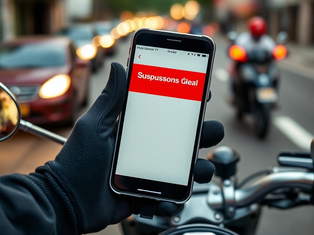 Close-up de smartphone mostrando app de parceiro entregador com banner vermelho de suspensão em português segurado por mão enluvada em guidão de motocicleta