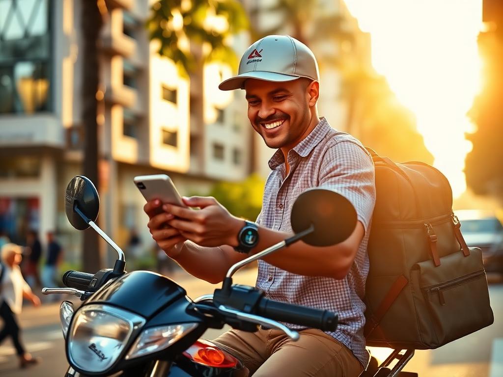 Entregador brasileiro feliz em sua motocicleta em rua ensolarada de Porto Alegre verificando app parceiro restaurado no smartphone com sorriso de alívio