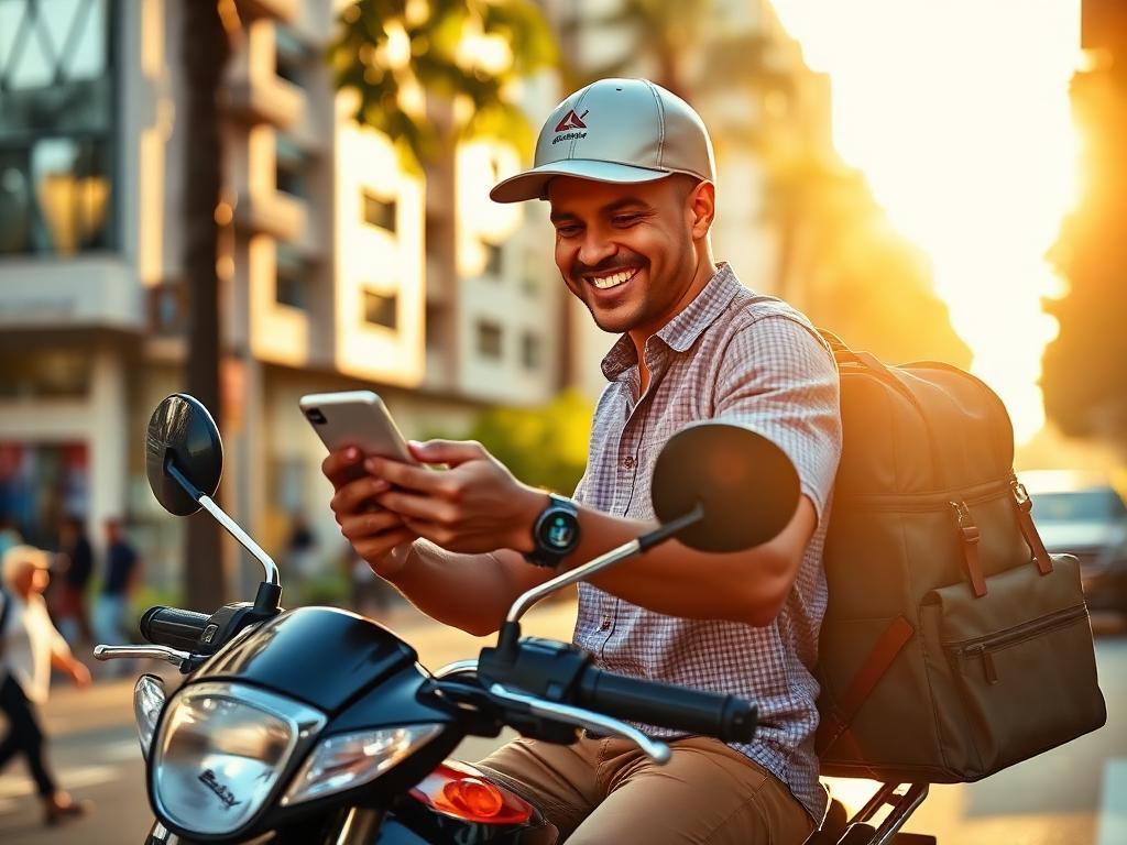 Entregador brasileiro feliz em sua motocicleta em rua ensolarada de Porto Alegre verificando app parceiro restaurado no smartphone com sorriso de alívio