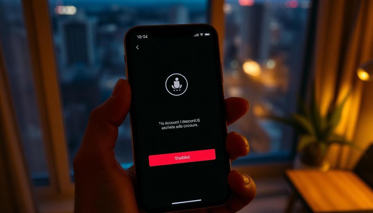Close-up de mãos segurando iPhone mostrando tela de Apple ID desabilitada com apartamento brasileiro ao fundo desfocado