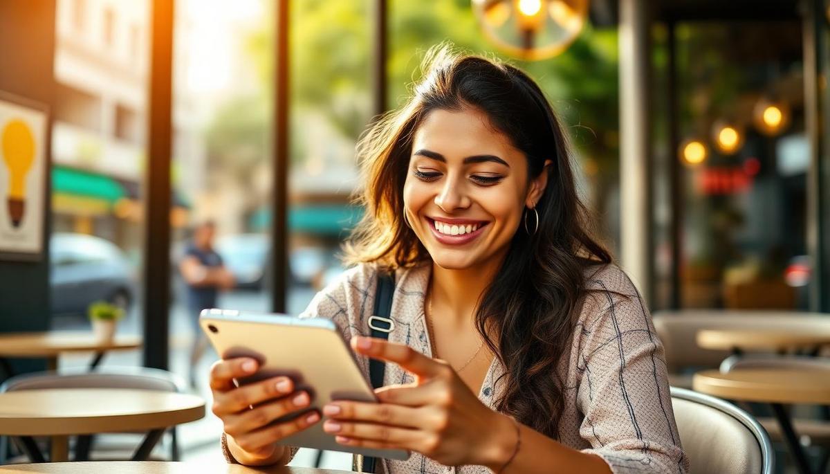 Mulher brasileira feliz em cafeteria mostrando iPhone com Apple ID restaurado e iCloud sincronizado com alívio e sorriso