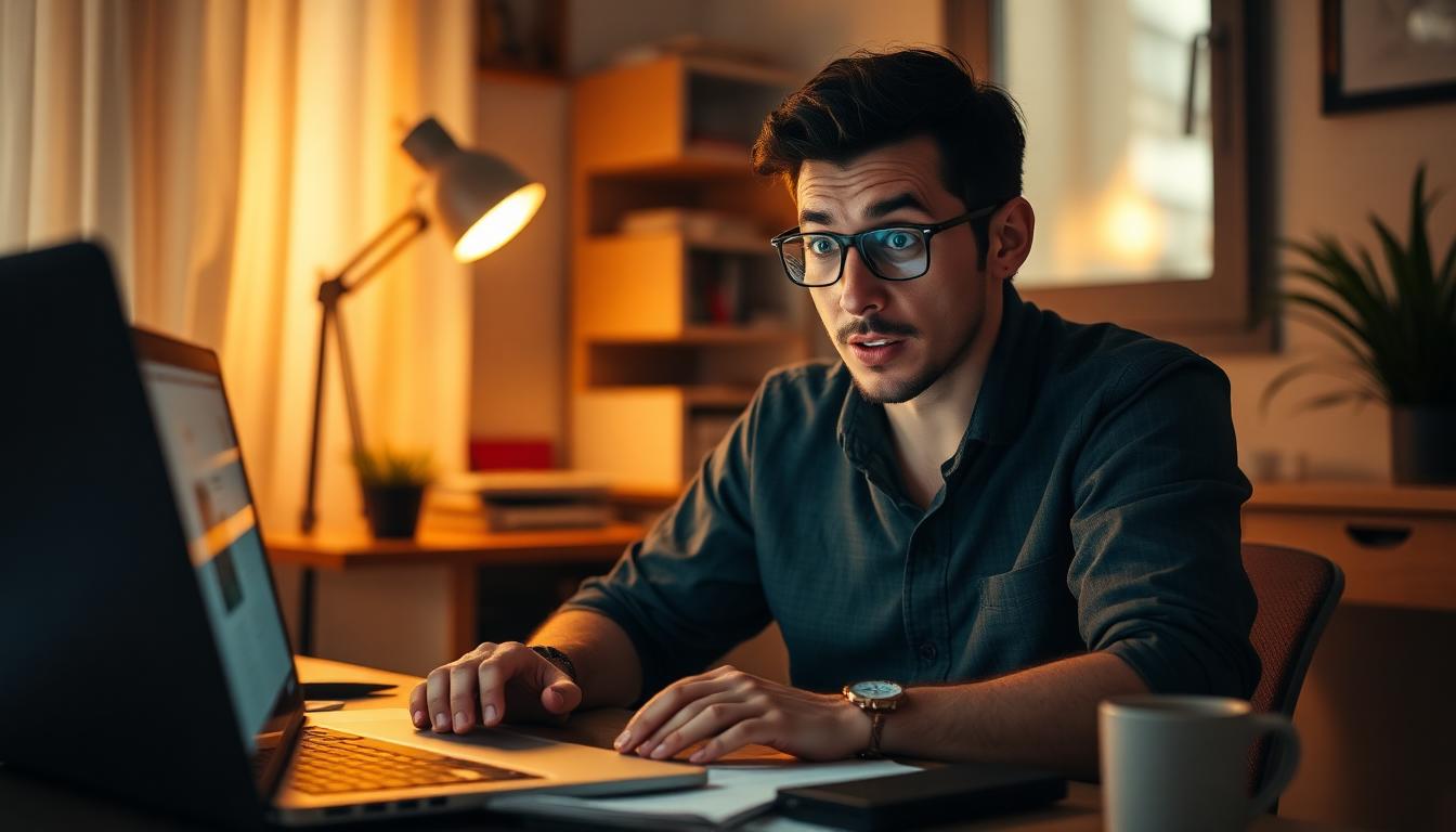 Empresária brasileira em home office olhando chocada para laptop com notificação de suspensão de conta Hotmart em português