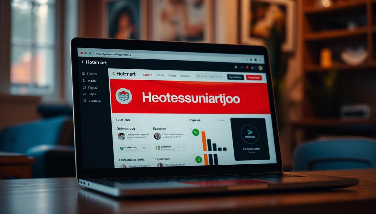 Tela de laptop mostrando painel da Hotmart com banner vermelho de suspensão de conta em português e gráficos de vendas ao fundo