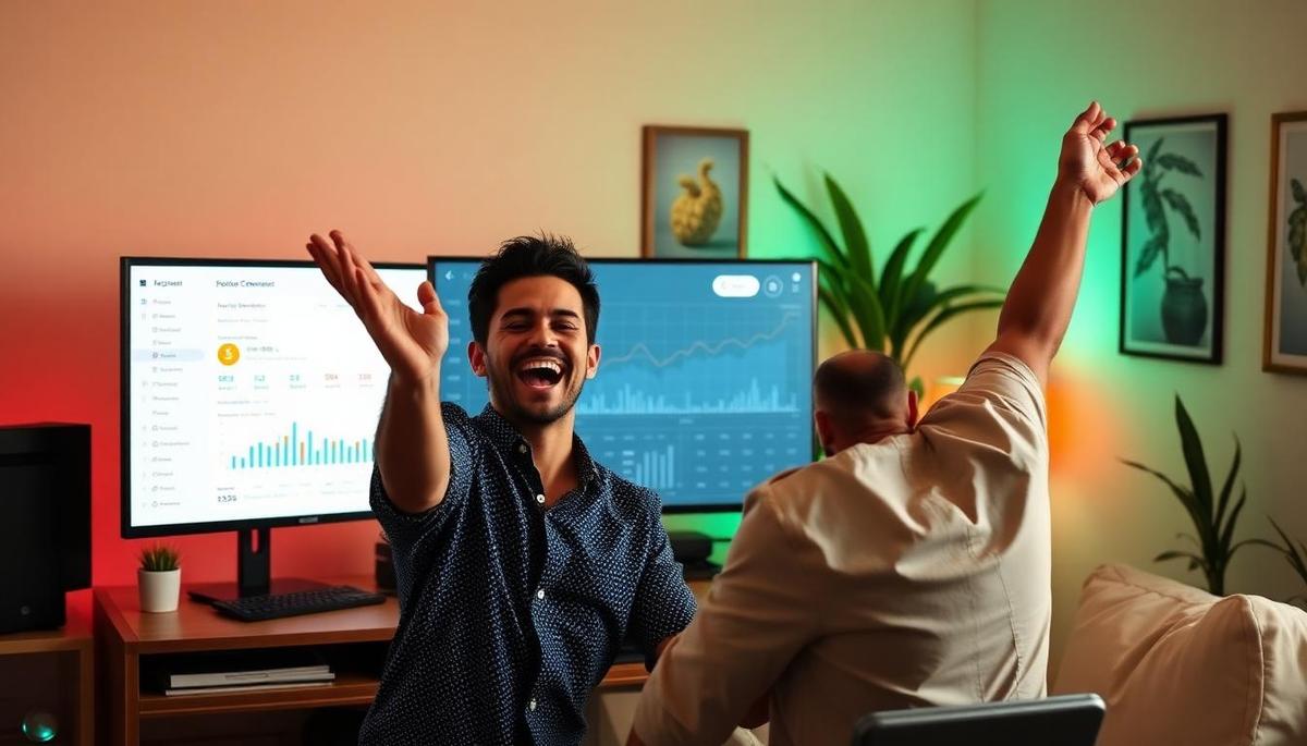 Casal de empreendedores brasileiros comemorando em home office ao redor de laptop com painel Hotmart restaurado e vendas positivas