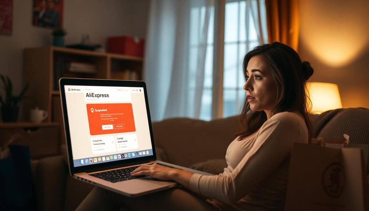 Mulher brasileira manicure em casa chocada olhando para laptop com notificação de suspensão de conta AliExpress em português