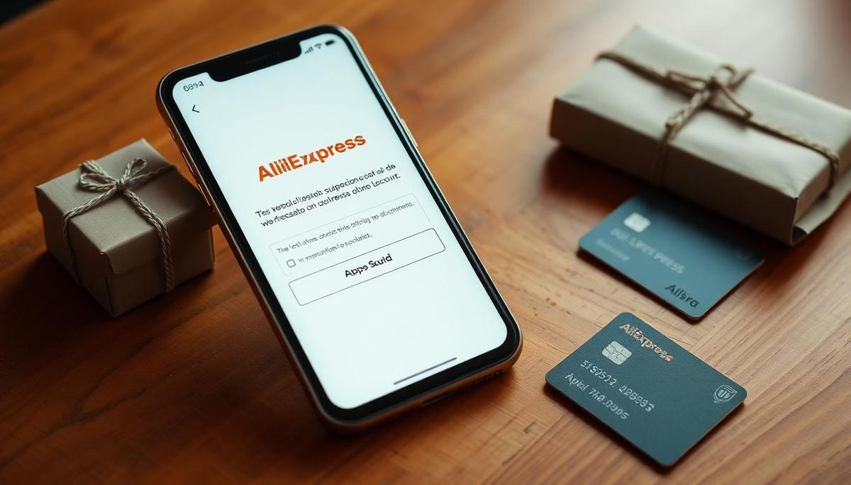 Smartphone mostrando app do AliExpress com mensagem de conta suspensa em português sobre mesa de madeira com pequenas caixas e cartão de crédito