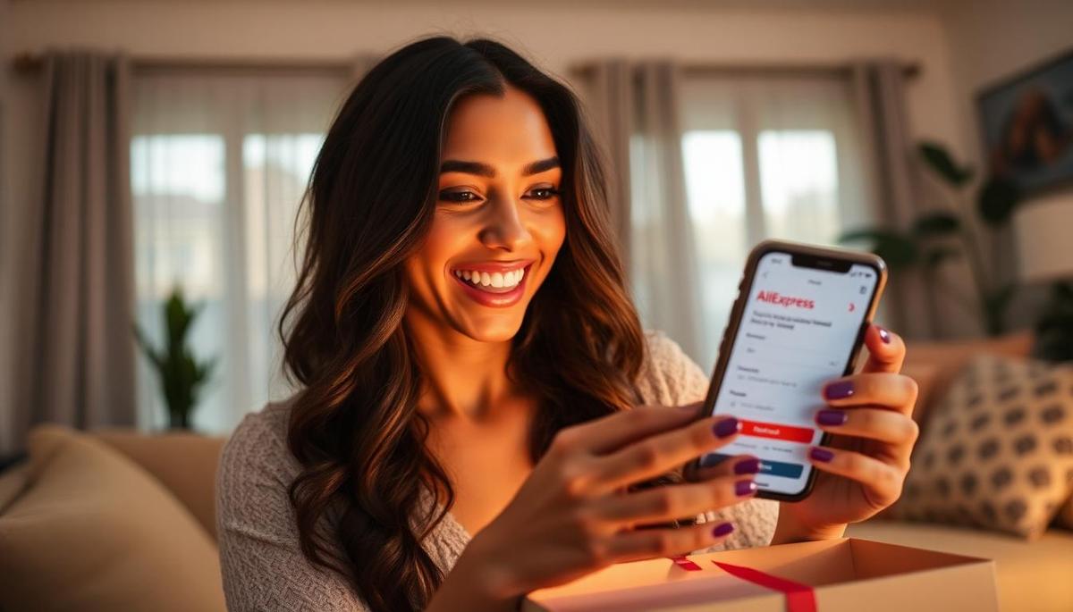 Mulher brasileira feliz desempacotando caixas do AliExpress em sala de estar com conta restaurada no smartphone