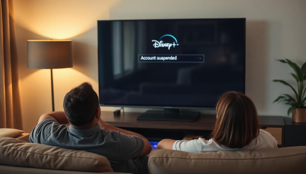 Família brasileira em sofá confuso olhando para TV mostrando mensagem de conta Disney+ suspensa em português